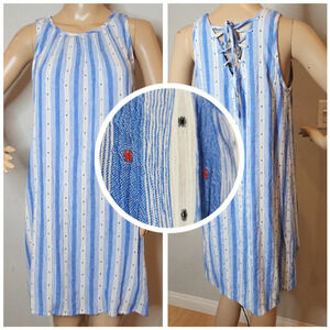 NWT Ann Taylor Loft Blue White Red Dot Sleeves Lace Back Dress Size Small Petite